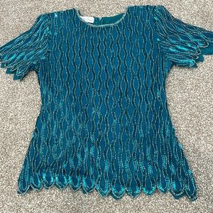 Lawrence Kazar Medium Silk Top Deep Green Sequins Beading 80s Vintage Elegant
